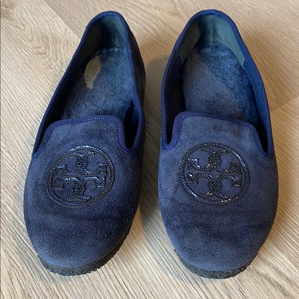Tory Burch Navy Suede Logo Slip-On Slippers
